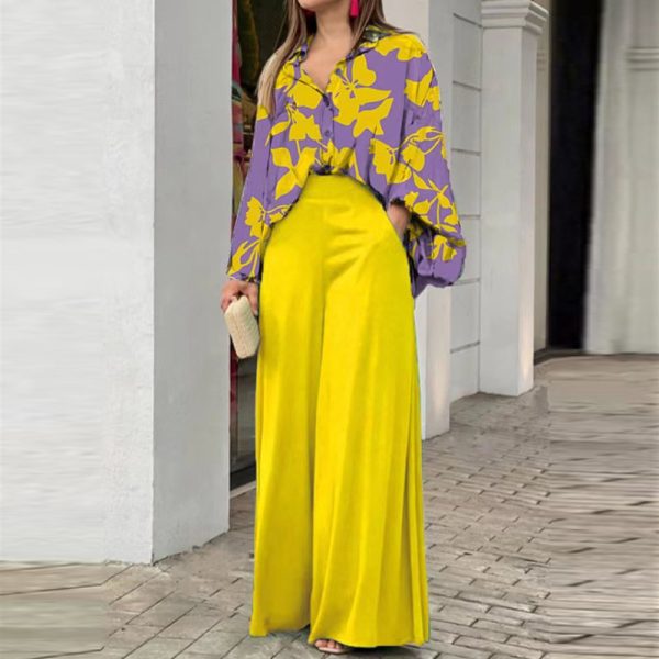 Printed shirt elegant wide-leg pants casual suit SV31