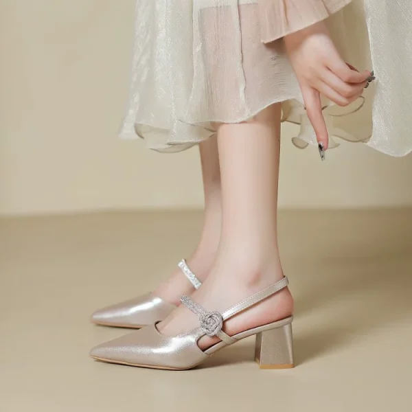 Thick heels and silver one-strap pointed high heels SL04